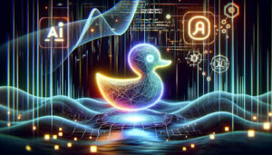 Stylized rubber duck navigating a vibrant digital landscape of AI neural networks, symbolizing Uberduck AI's innovative technology.