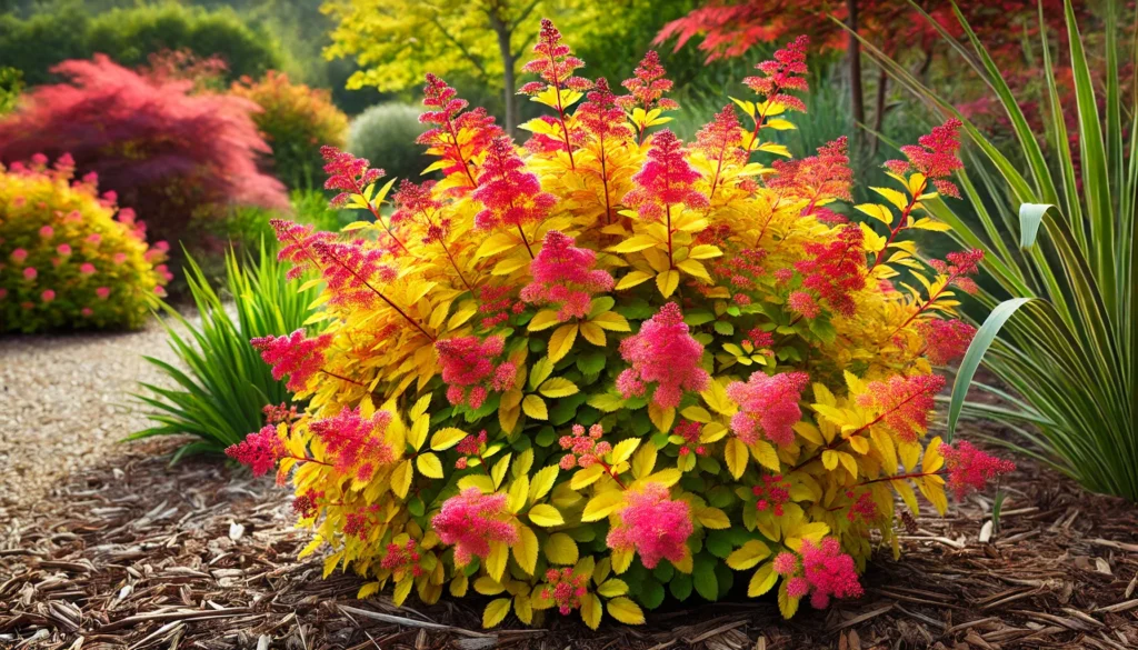 A Spirea ‘Magic Carpet’ shrub with bright golden foliage, red-tipped new growth, and clusters of pink flowers, set in a lush garden with soft sunlight highlighting the vibrant colors.