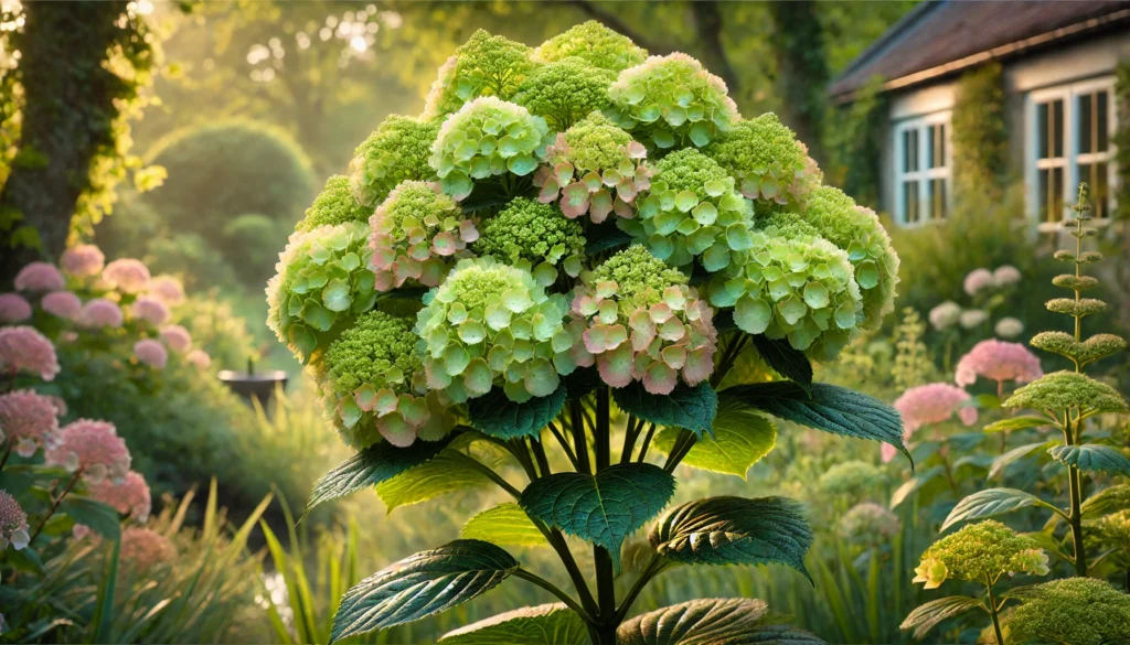 Close-up of a Hydrangea ‘Little Lime’ shrub with clusters of lime-green flowers transitioning to soft pink, set against a peaceful garden backdrop with lush green leaves and sunlight filtering through.