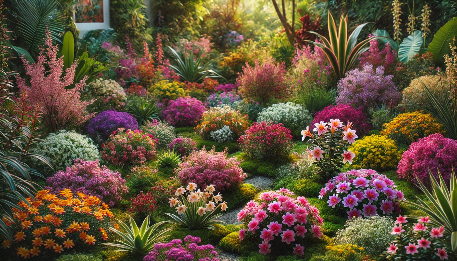 A colorful garden with 14 small flowering shrubs in various shades of pink, purple, yellow, white, and red. The shrubs are arranged along a soft green path, with sunlight filtering through to highlight the vibrant flowers and lush greenery, creating a peaceful and inviting garden setting.