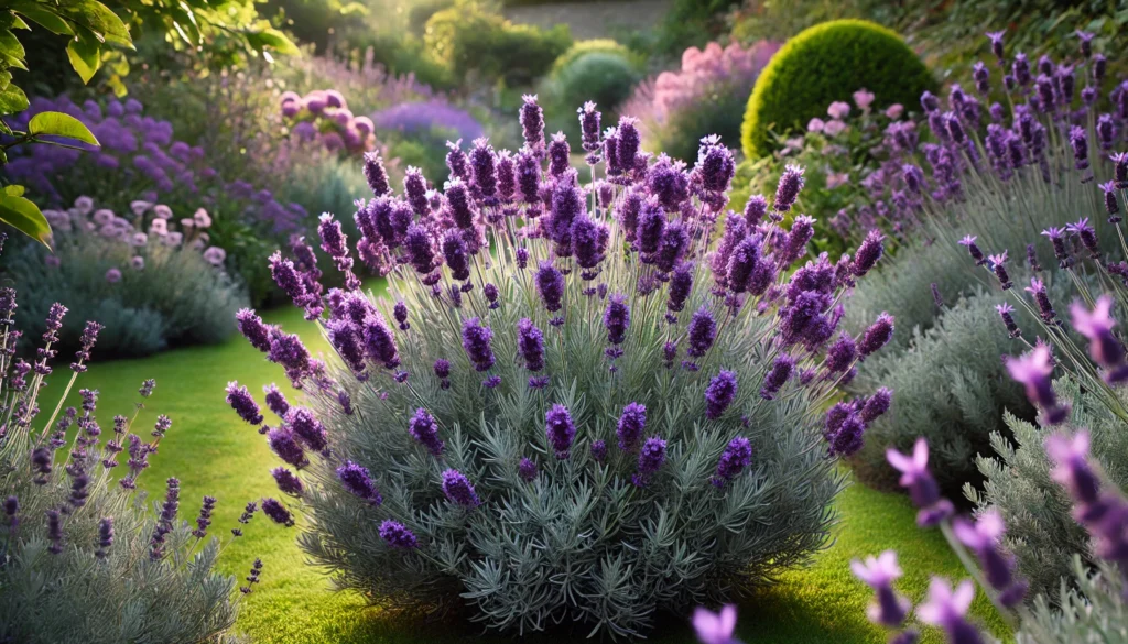 A Lavender ‘Hidcote’ shrub in a peaceful garden, featuring dense spikes of deep purple flowers contrasted by silvery-green foliage, surrounded by other plants under soft sunlight.