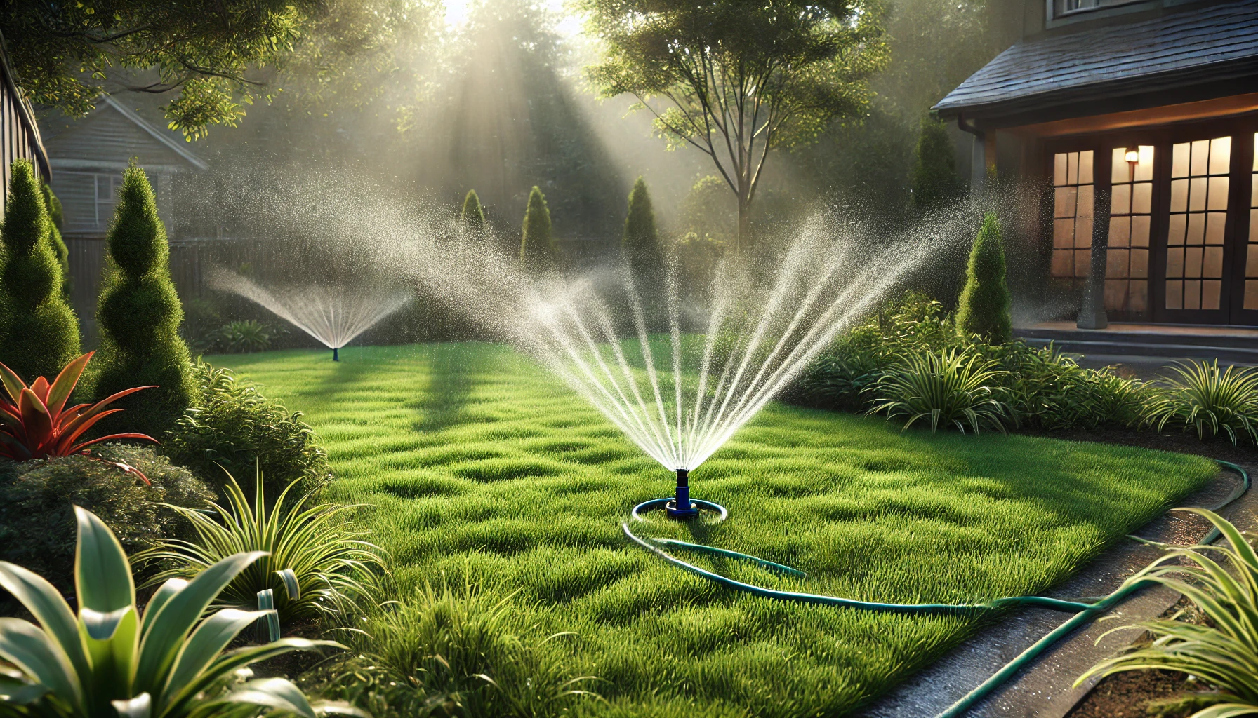 A suburban backyard with lush green grass being watered by sprinklers in the early morning light, with water droplets sparkling in the sunlight.