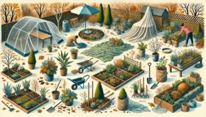 Garden scene with activities for winter preparation, including covering plants with protective sheets, adding mulch, pruning dead branches, cleaning garden beds, and setting up winter containers. The background has a crisp autumn feel with fallen leaves and soft, natural light.