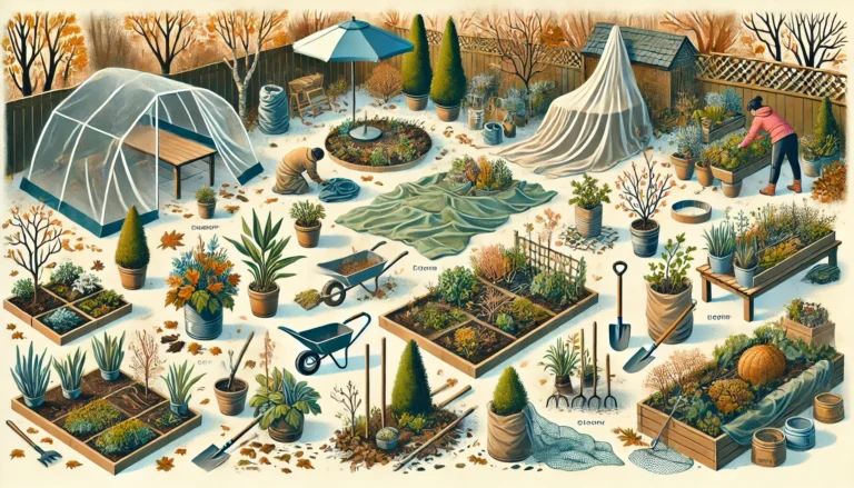 Garden scene with activities for winter preparation, including covering plants with protective sheets, adding mulch, pruning dead branches, cleaning garden beds, and setting up winter containers. The background has a crisp autumn feel with fallen leaves and soft, natural light.