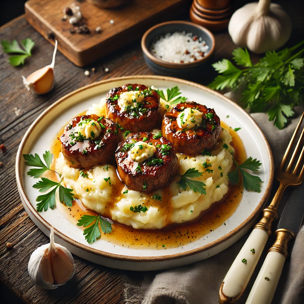 Beautifully plated Garlic Butter Steak Bites served on a bed of creamy mashed potatoes. The steak bites are golden brown with a shiny garlic butter glaze, garnished with fresh parsley. The smooth mashed potatoes have a drizzle of melted butter on top. The dish is elegantly presented on a white plate with a rustic wooden table backdrop, accompanied by a sprig of parsley, knife, and fork.