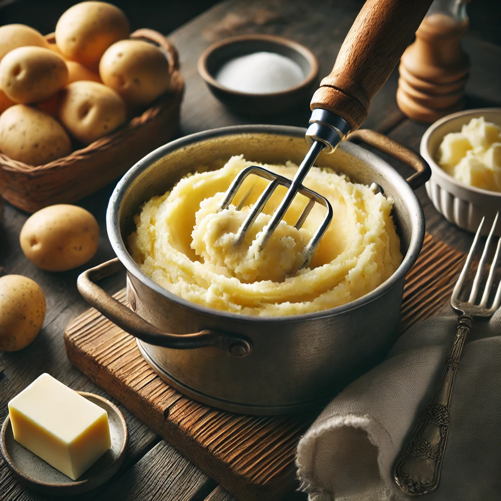 Cozy kitchen scene showing the preparation of creamy mashed potatoes. A pot of boiled potatoes is being mashed with a masher, with butter and milk ready to be mixed in. The rustic wooden countertop includes a bowl of peeled potatoes and a sprinkle of salt and pepper, highlighting the simple and comforting process of making homemade mashed potatoes.