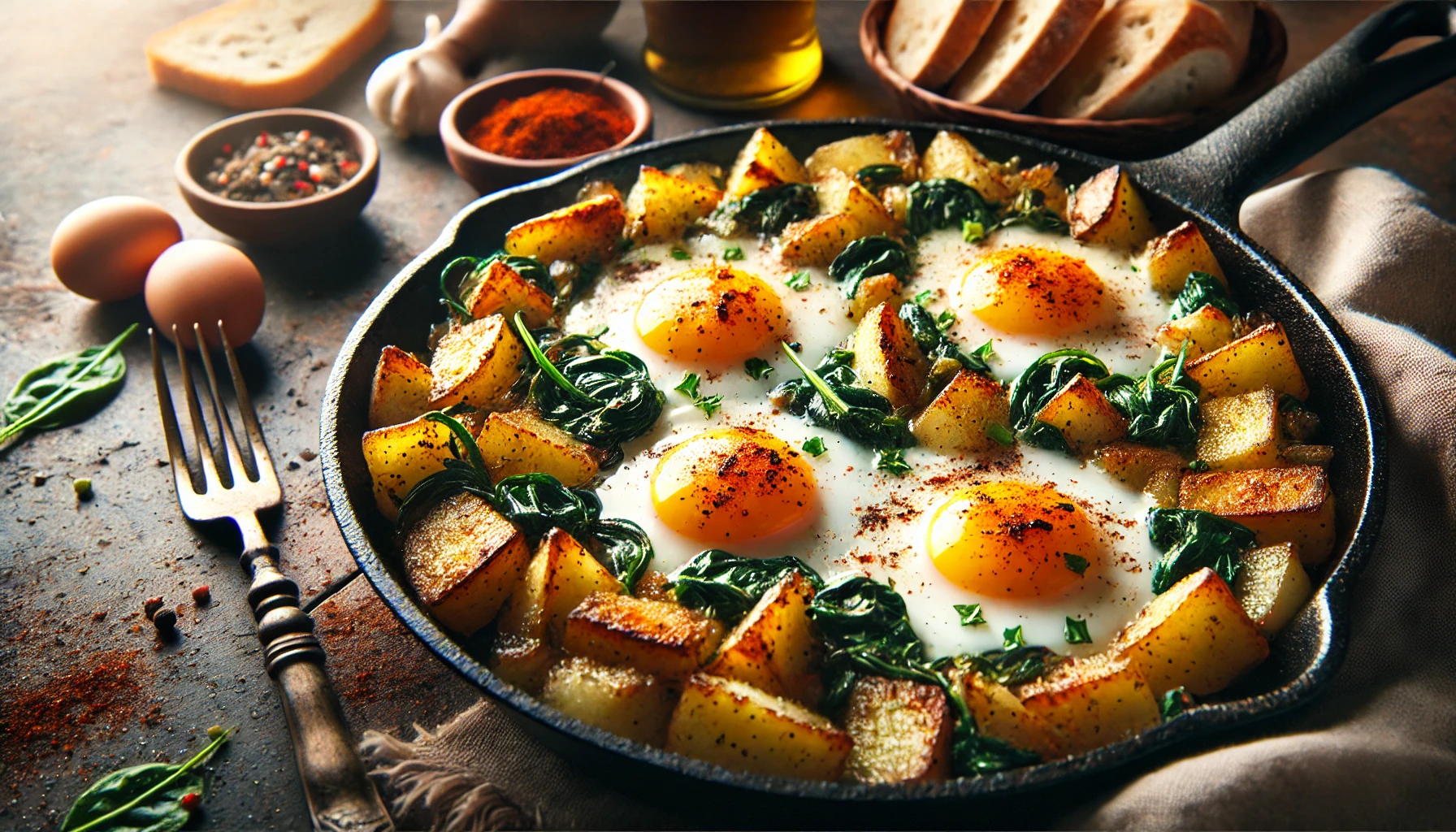 A hearty skillet dish featuring crispy diced potatoes, sautéed with onions and garlic, mixed with fresh spinach, and topped with perfectly cooked eggs with set whites and runny yolks. Garnished with paprika and served with a side of crusty bread. The dish is presented in a rustic kitchen setting