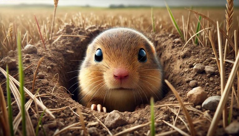 a small rodent peeking out of a hole in the ground