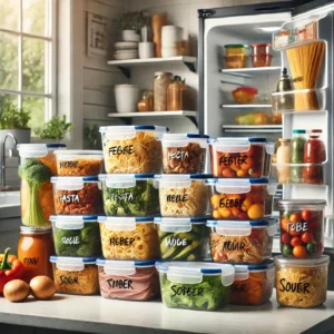 Kitchen scene displaying various leftovers stored in airtight containers, neatly labeled with dates. The containers hold foods like pasta, vegetables, meats, and soups, organized on a clean countertop. An open refrigerator is visible in the background, emphasizing proper food storage techniques to keep leftovers fresh.