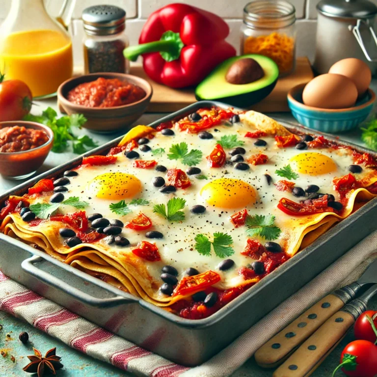 Easy Huevos Rancheros Casserole with layers of tortillas, eggs, black beans, salsa, and melted cheese, garnished with cilantro and avocado in a bright kitchen setting.