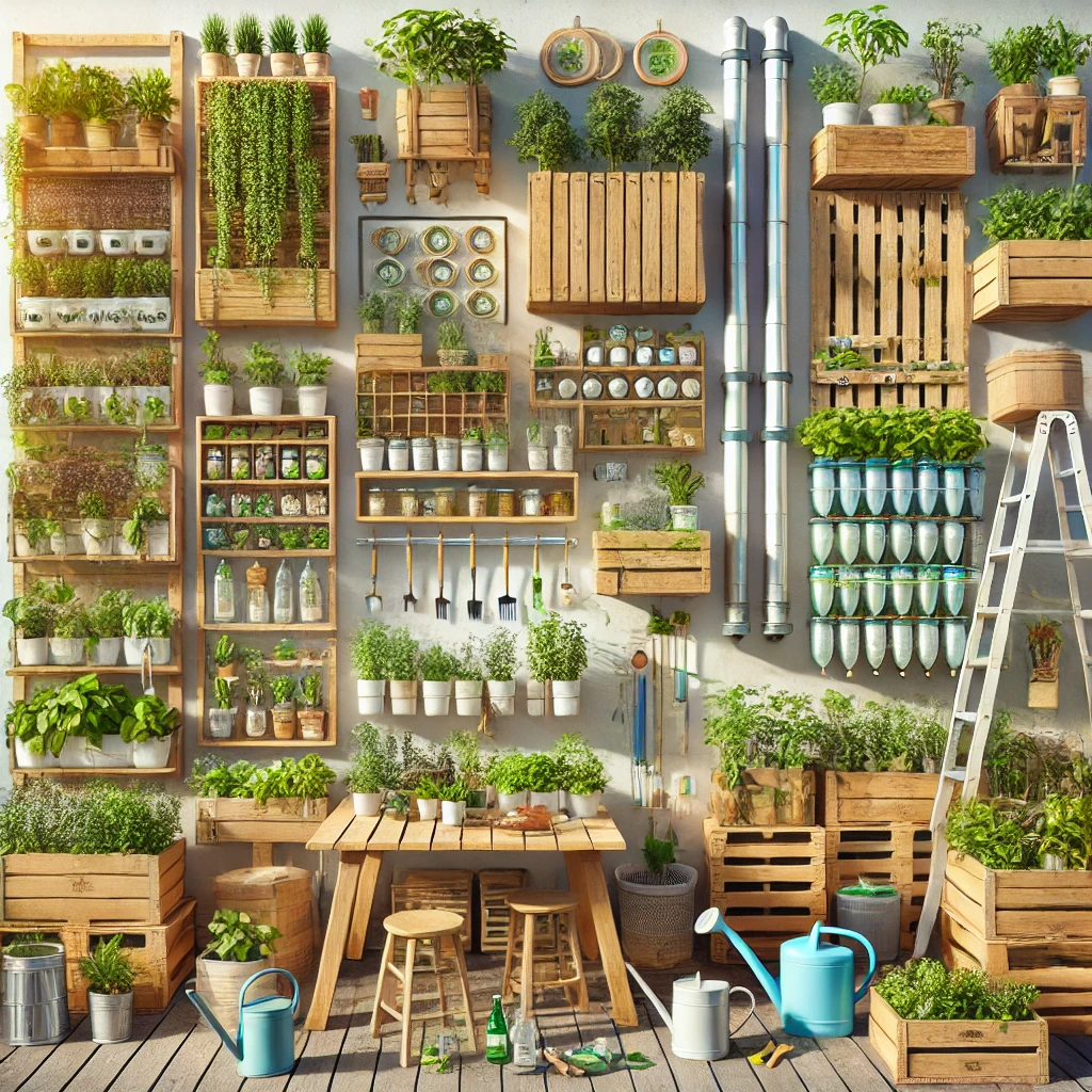 Vertical herb garden setup with different designs, including wooden pallets, ladder shelves, hydroponic towers, Mason jars, and more, filled with healthy herbs like basil, mint, rosemary, and thyme. The scene shows activities like watering, pruning, and checking plant health in a sunny outdoor space.