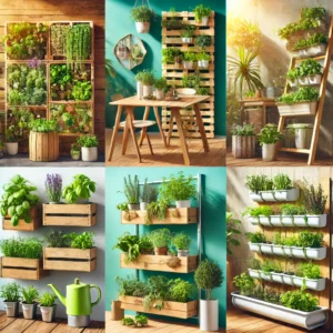 A scene featuring 9 different DIY vertical garden setups for herbs, including wooden pallet, ladder shelf, hydroponic tower, recycled plastic bottle, Mason jar, trellis, gutter, stackable planter boxes, and wall-mounted gardens. Each setup is filled with herbs like basil, mint, rosemary, and thyme, set in a sunny outdoor area.