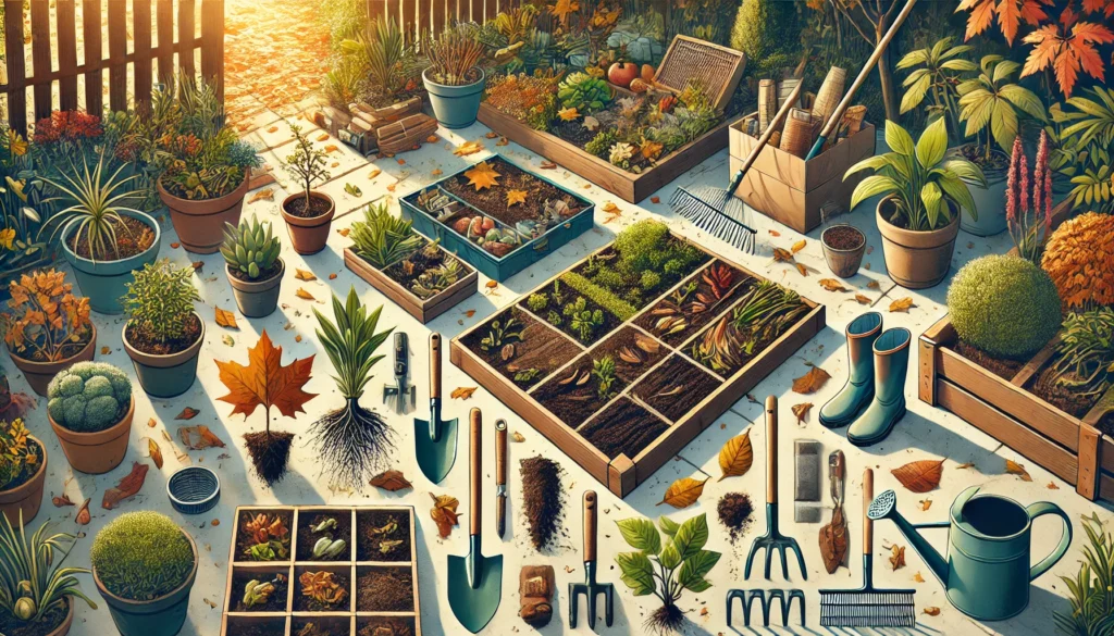 Garden scene showing clean-up activities in garden beds, including removing dead leaves, pulling out old plants, and adding fresh mulch. Gardening tools like a rake and gloves are in use, set against a crisp autumn background with fallen leaves.