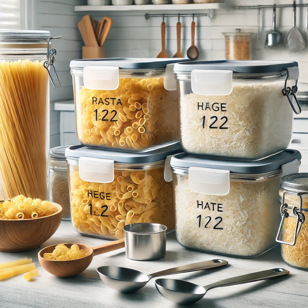 Kitchen scene showing cooked pasta and rice stored in airtight containers, neatly labeled with dates. The containers are arranged on a clean countertop with a spoon and measuring cups nearby. The organized setup highlights the importance of proper food storage to keep pasta and rice fresh for longer.