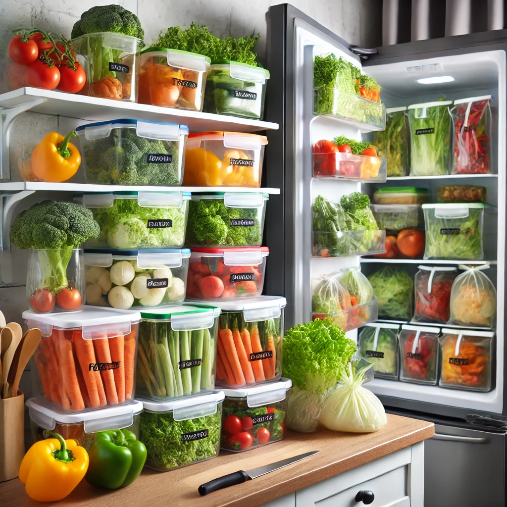 Kitchen scene showing fresh vegetables like carrots, bell peppers, broccoli, and leafy greens stored in airtight containers and vegetable storage bags. The containers are neatly labeled with dates, organized on a countertop, with a partially open refrigerator in the background, highlighting proper storage techniques to keep vegetables fresh for longer.