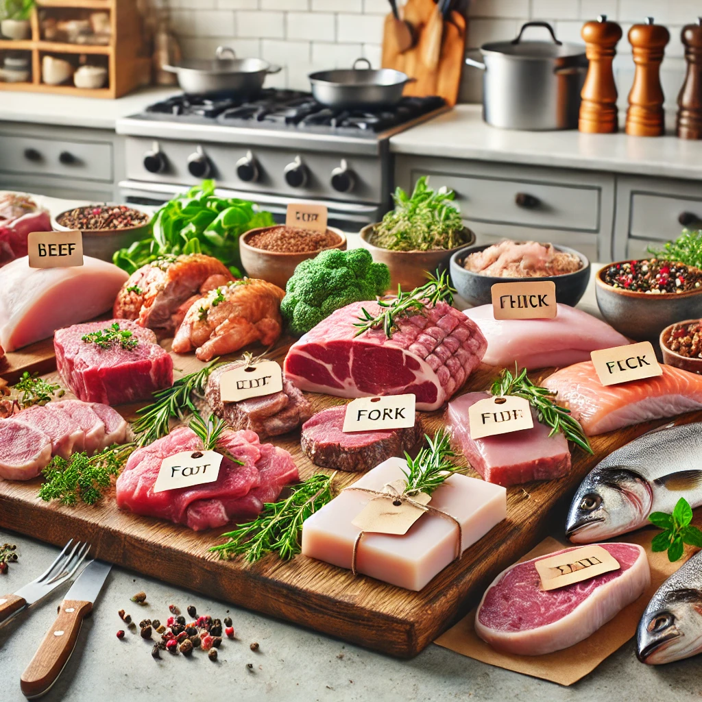 Kitchen scene featuring a selection of meats, including beef, chicken, pork, lamb, and fish, neatly arranged on a wooden cutting board. Each meat cut is labeled, with fresh herbs, spices, and cooking utensils nearby, highlighting the best meat substitutions for versatile cooking in a clean, organized kitchen setting.