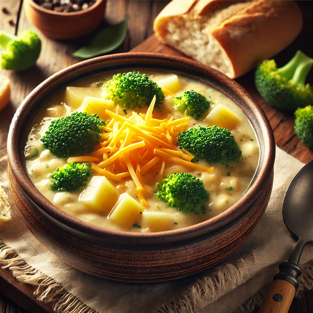 A bowl of Crockpot Potato Broccoli Cheddar Soup with a creamy texture, visible chunks of potatoes and broccoli, topped with shredded cheddar cheese and garnished with small broccoli florets. Served with a slice of crusty bread on a cozy kitchen table.