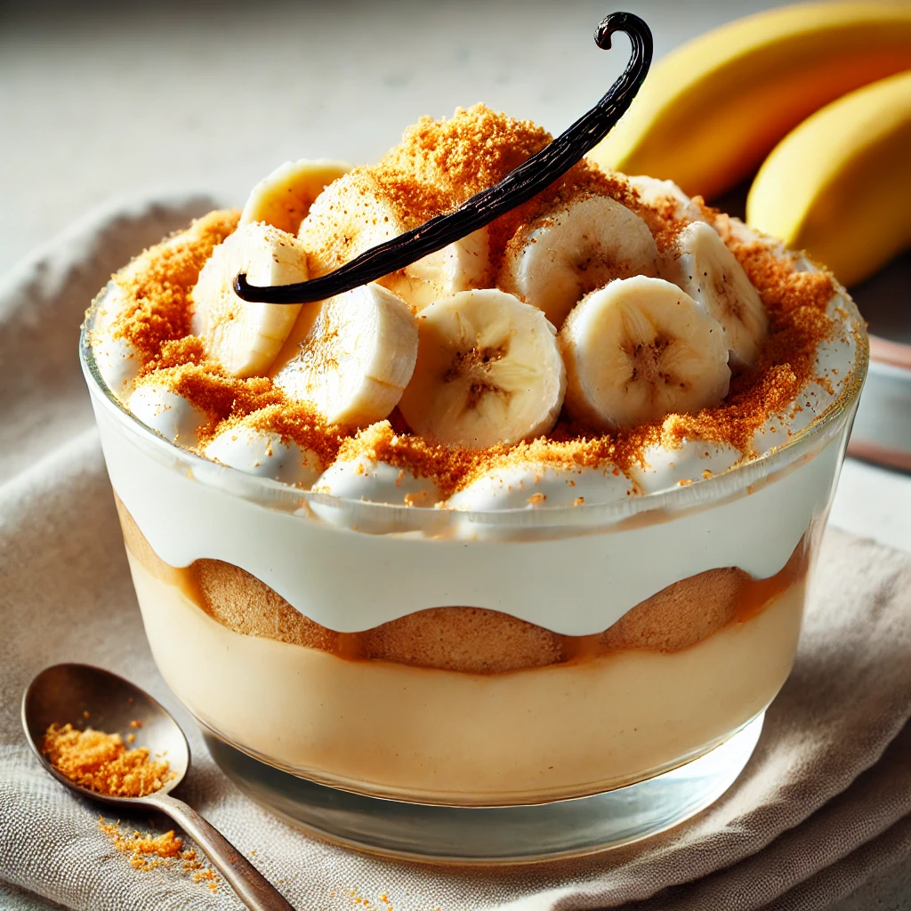 A clear glass dish filled with layers of creamy banana vanilla pudding, topped with whipped cream, fresh banana slices, and crushed vanilla wafers, set on a wooden table.