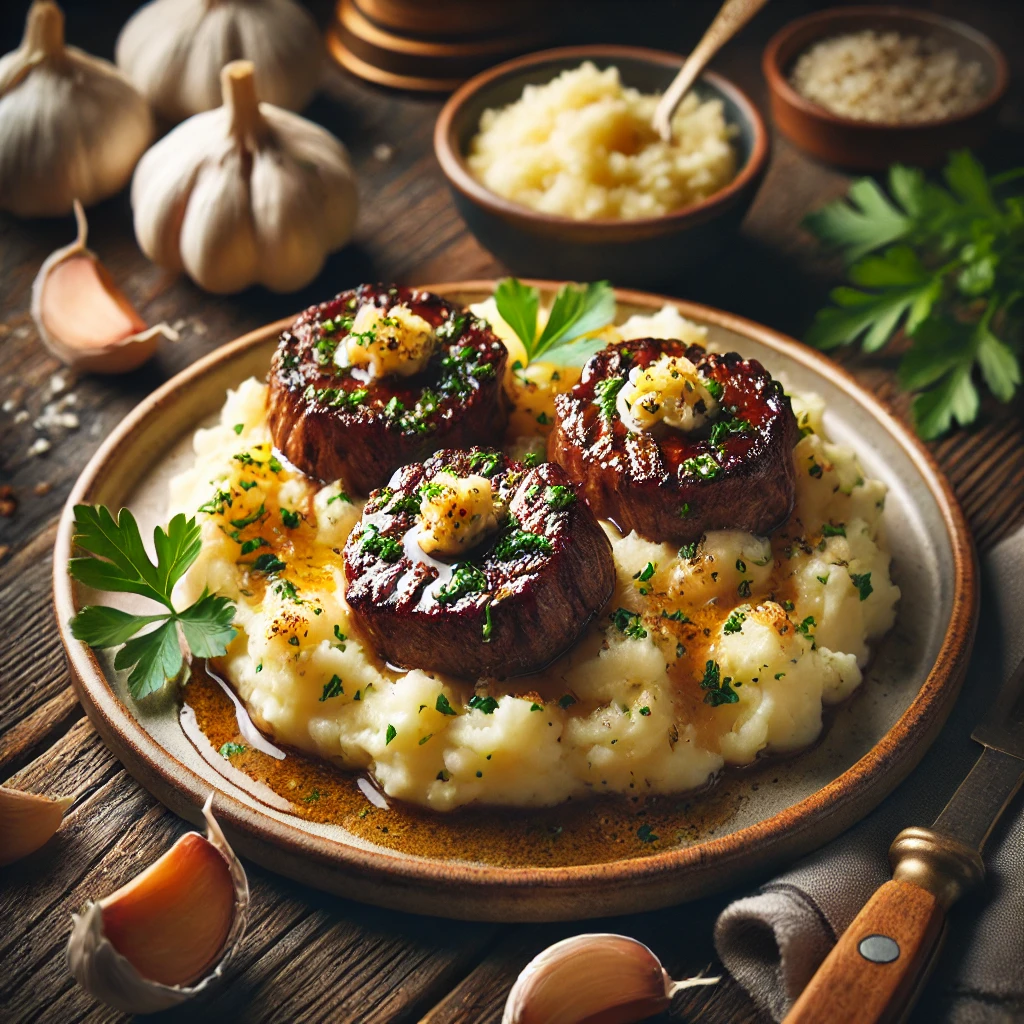 A plate of Garlic Butter Steak Bites served on a bed of creamy mashed potatoes. The steak bites are perfectly seared with a glossy garlic butter glaze and garnished with fresh parsley. The smooth and fluffy mashed potatoes have a hint of melted butter on top. The dish is presented on a rustic wooden table with a small bowl of minced garlic and a sprig of parsley nearby, creating a cozy and appetizing atmosphere.