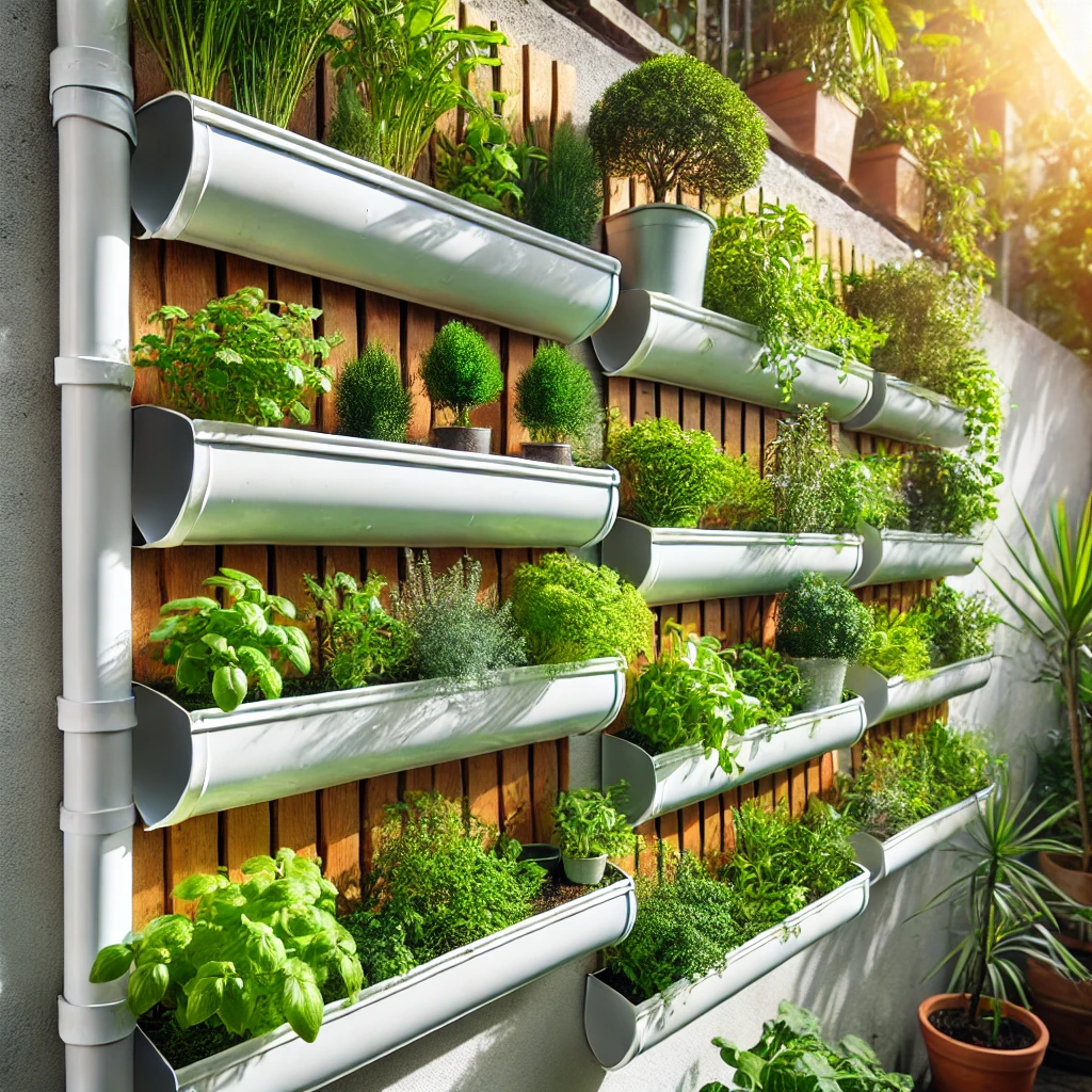 Vertical gutter garden with sections of rain gutters mounted on a wall, filled with lush green herbs and small flowering plants. The setup is a space-saving, DIY gardening solution designed to maximize growing area in small spaces or urban settings.