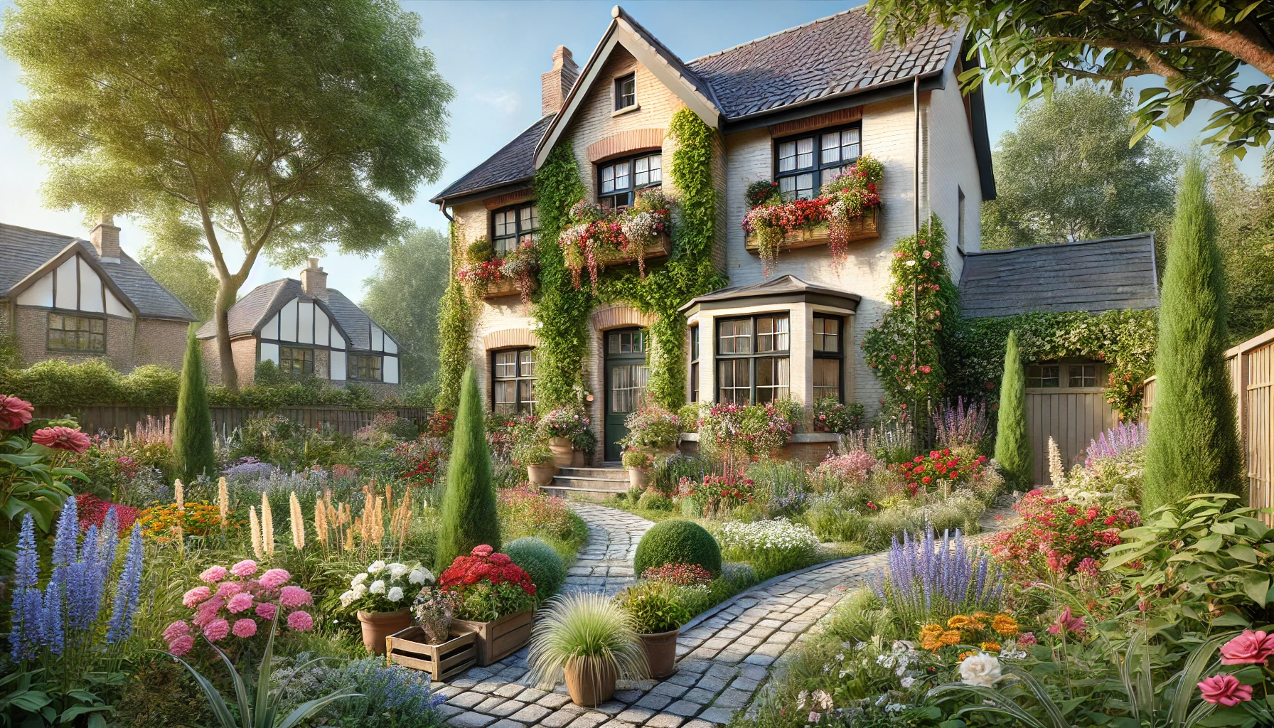 A beautifully transformed cottage-style garden with colorful flowers, climbing plants, and a cobblestone pathway in front of a cozy house.