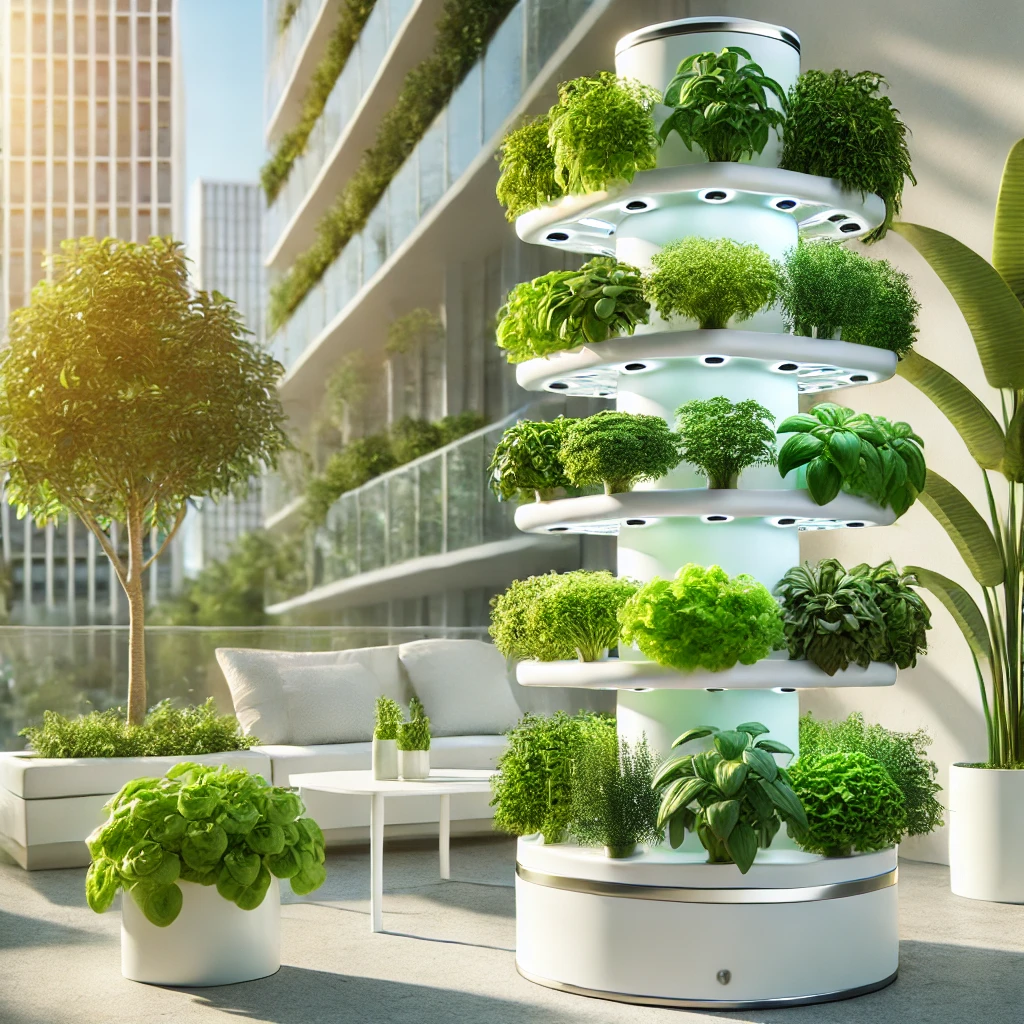 Modern hydroponic tower garden with multiple tiers of herbs and leafy greens like basil, lettuce, and spinach growing in a vertical column. The setup uses a nutrient-rich water system, designed for a space-efficient, soil-free gardening approach, set in a sunny outdoor environment.