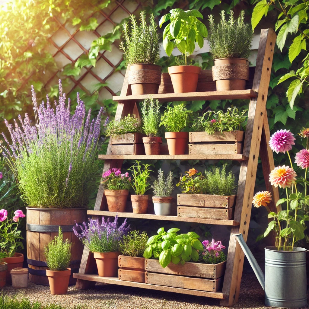 Wooden ladder shelf garden with multiple levels, displaying potted herbs like basil, rosemary, and lavender, along with colorful flowers. The setup is placed outdoors with natural sunlight, showcasing a space-saving vertical gardening solution that combines rustic charm with functionality.