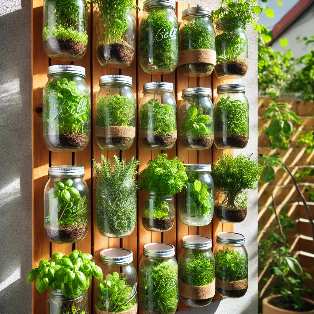 Mason jar vertical garden with glass jars mounted on a wooden board, filled with lush green herbs and small flowering plants. The jars are arranged in a tiered design, creating a space-efficient and visually appealing display, perfect for small gardens or balconies.