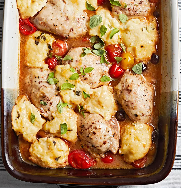 Chicken stew with ricotta dumplings and vegetables in a creamy sauce.