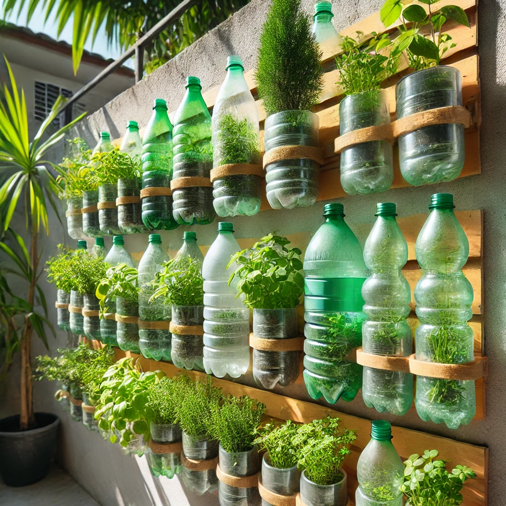 Vertical garden made from recycled plastic bottles, mounted on a wall and filled with lush herbs and small flowering plants. The bottles are cut and repurposed as planters, arranged in a tiered design to create a space-efficient, eco-friendly gardening solution.