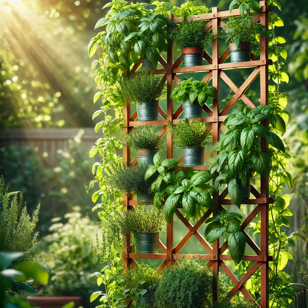 Trellis garden with climbing herbs like basil, mint, and thyme growing vertically on a wooden or metal trellis. The setup is placed in a sunny garden area, showcasing the vibrant green leaves and upward growth of the plants in a space-efficient, rustic design.