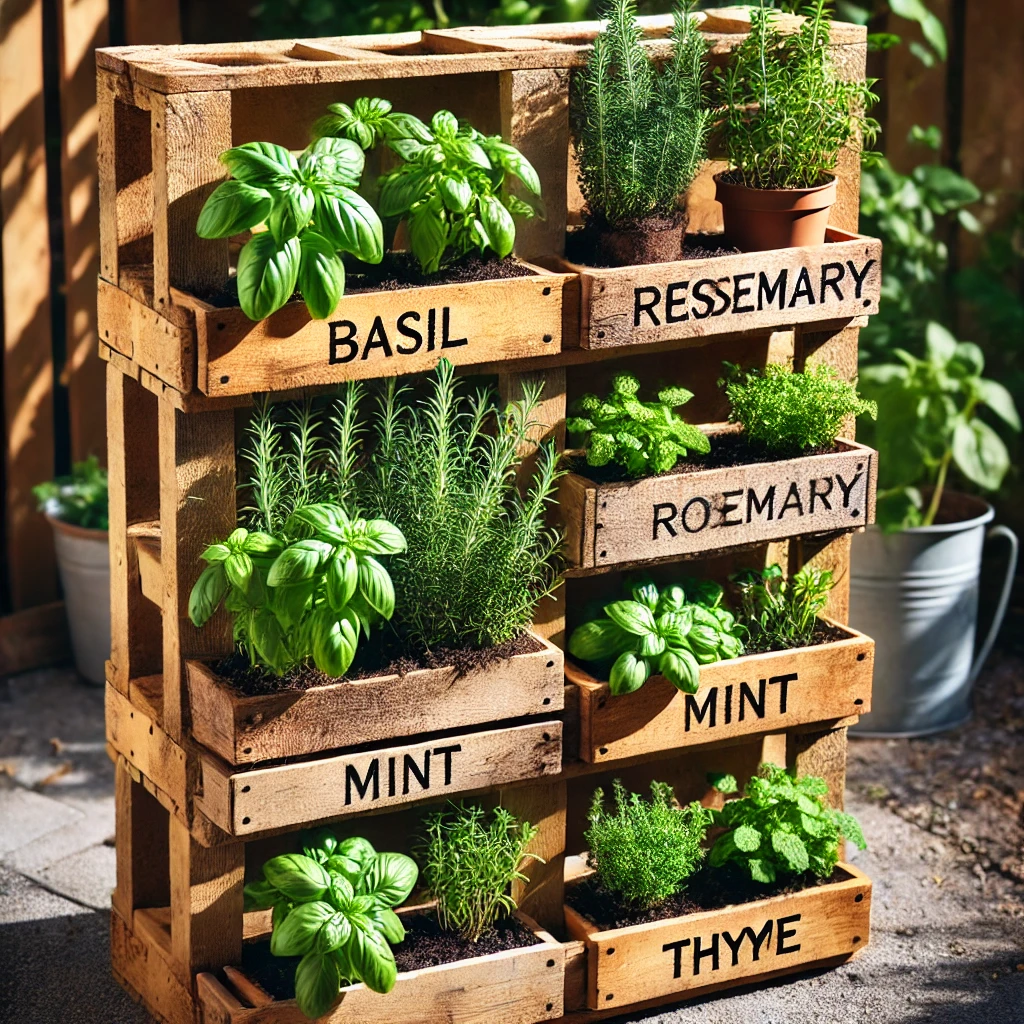 Rustic wooden pallet herb garden with herbs like basil, rosemary, mint, and thyme growing in individual slots. The pallet is positioned upright in a sunny outdoor area, showcasing a space-efficient, DIY approach to vertical gardening.