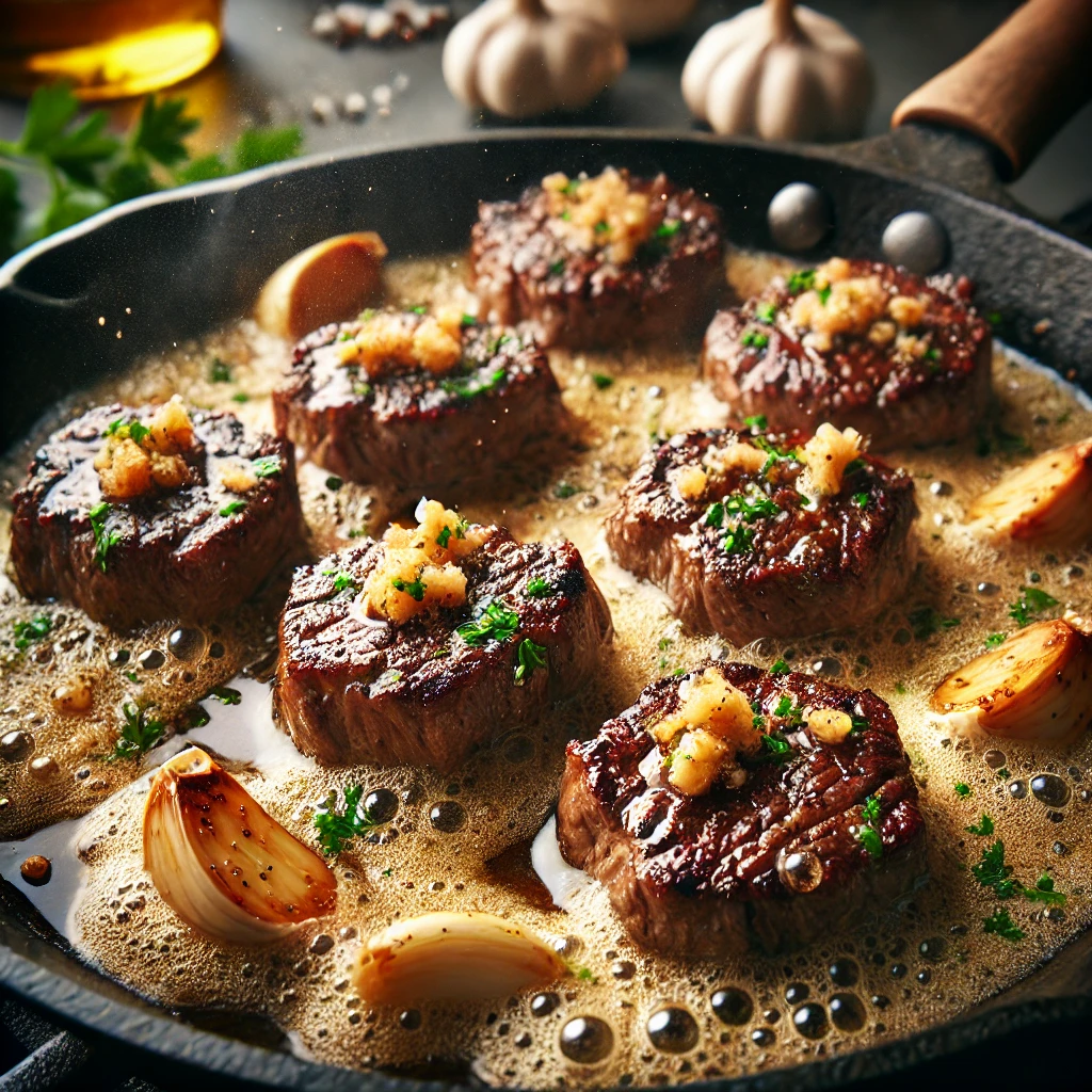 Close-up view of Garlic Butter Steak Bites cooking in a skillet. The steak bites are sizzling in a rich, golden garlic butter sauce with visible browning and crispy edges. Minced garlic is mixed into the bubbling butter, creating a flavorful aroma. The scene is set in a rustic kitchen, with fresh parsley and seasoning ingredients nearby, highlighting the delicious cooking process