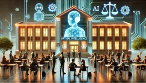 A modern high school with glowing digital lines and symbols on its facade, symbolizing AI technology. In front of the building, students, parents, and educators are engaged in a heated discussion, representing the Hingham High School AI lawsuit. The scene highlights the tension between innovation and ethical concerns in education.