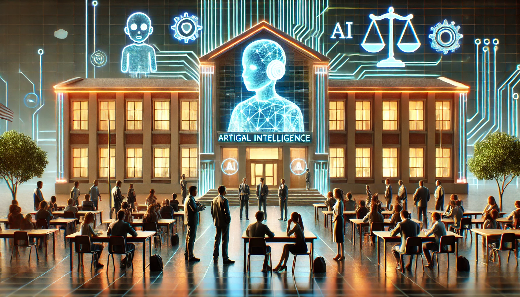 A modern high school with glowing digital lines and symbols on its facade, symbolizing AI technology. In front of the building, students, parents, and educators are engaged in a heated discussion, representing the Hingham High School AI lawsuit. The scene highlights the tension between innovation and ethical concerns in education.