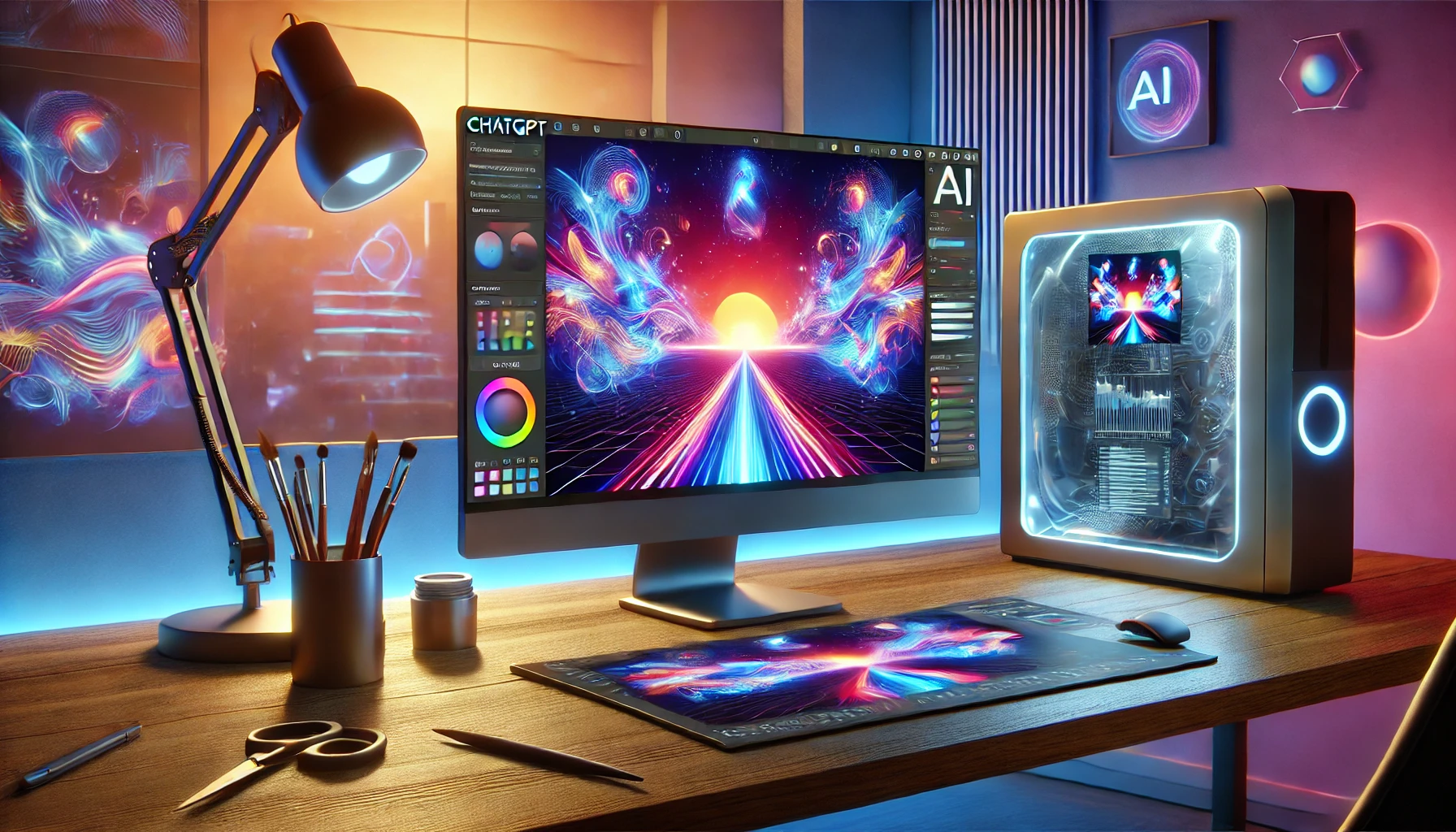 A sleek, modern workspace featuring the ChatGPT Image Generator on a futuristic computer screen, displaying a vibrant AI-generated image of a surreal landscape with a glowing sunset, abstract patterns, and a futuristic cityscape.