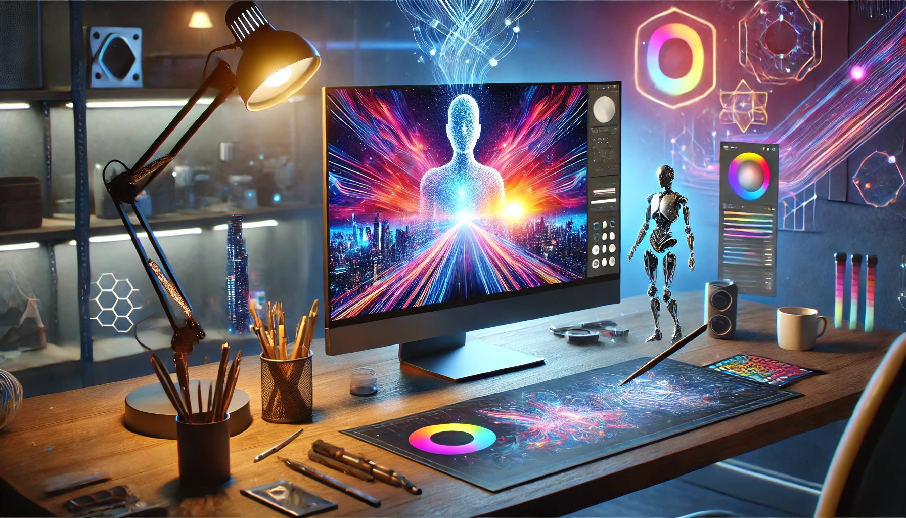 An artistic depiction of AI-powered creativity showcasing a sleek digital workspace. A futuristic computer screen displays a vibrant AI-generated image of a surreal landscape with a glowing sunset, a futuristic cityscape, and abstract patterns. The workspace is modern and well-lit with soft blue and purple ambient lighting, surrounded by creative tools and artistic elements, symbolizing innovation and imagination in the digital age