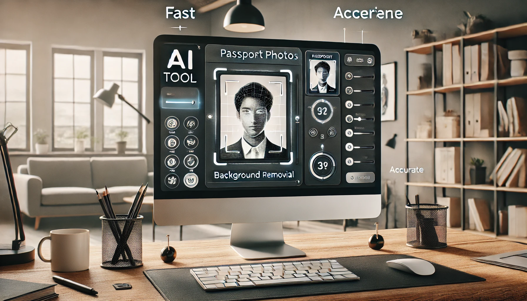 A sleek digital illustration showcasing an AI tool interface for creating passport photos. The interface is displayed on a computer screen with features like background removal and alignment markers. The setting is a cozy home office with natural lighting and minimalist decor, emphasizing convenience and modern technology.